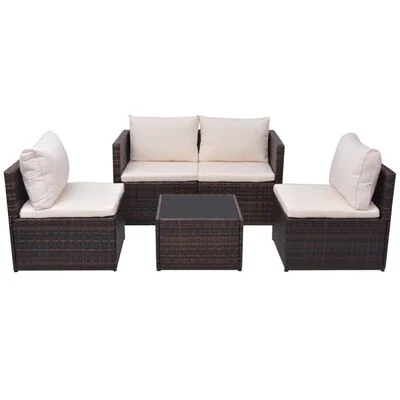 Salon de jardin 5 pcs avec coussins Résine tressée Marron – Image 4
